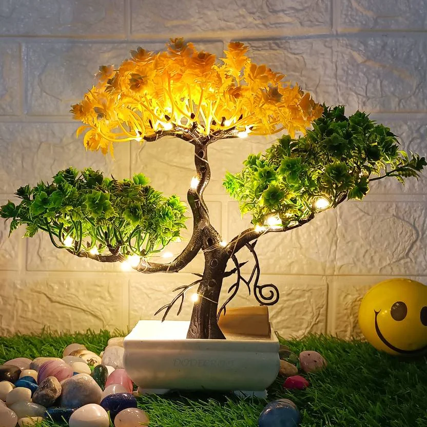 DODECROO LED Artificial Tree for Home and Decor | Potted Fake Plants Bonsai Artificial Plant with Pot  (24 cm, Yellow, Green)