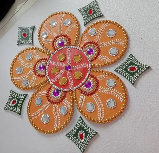 Aarya ovation Handicraft wooden rangoli for Diwali/pooja/home decoration. Decorative Showpiece - 16 cm  (Wood, Yellow)