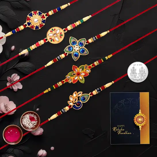 Designer Rakhi, Greeting Card (Rakhi set of 5, Roli&Chaval, Greeting Card, Coin)