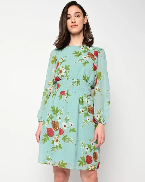 Grima Floral Print A-line Dress with Smocked Waist