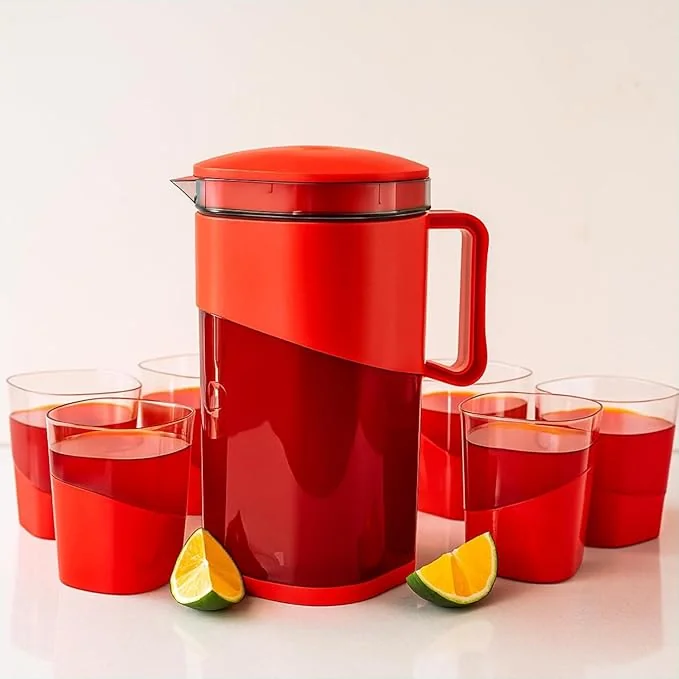 Dhanshree Premium Plastic Water Jug with 4 Glasses | BPA-Free, Unbreakable & Lightweight | 1.8 L Jug with Lid | Elegant Set for Water, Juice, Mocktails & Cocktails | Home & Kitchen (Colour RED)