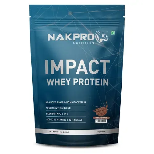 NAKPRO Impact Whey Protein 1kg | Isolate & Concentrate | 24g Protein & 4.9g BCAA | With Digestive Enzymes for better Absorption | NABL Lab Tested 100% Authentic Supplement Powder - Chocolate Flavour