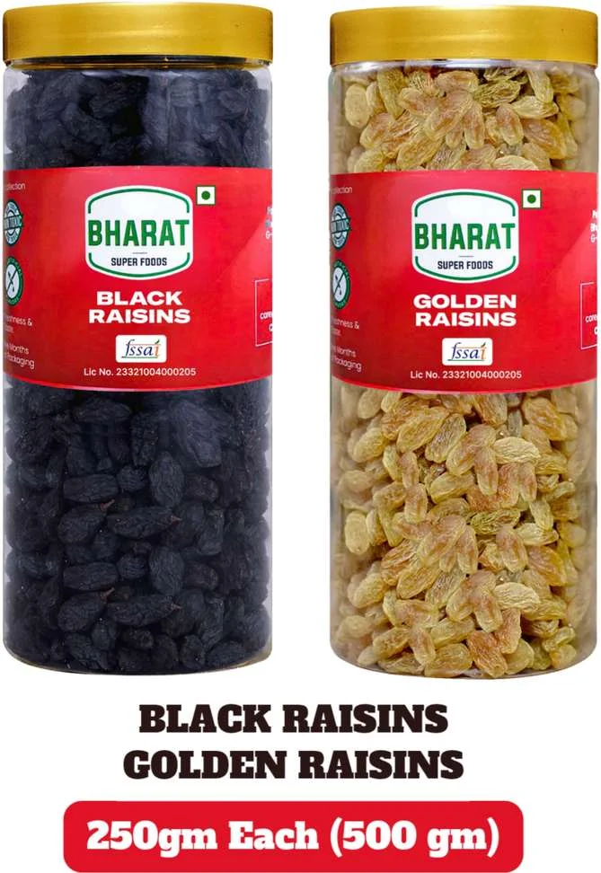 Bharat Super Foods Premium Dry Fruits Combo Golden Raisins & Black Raisins (250g each) 500gm RaisinsBharat Super Foods Premium Dry Fruits Combo Golden Raisins & Black Raisins (250g each) 500gm Raisins