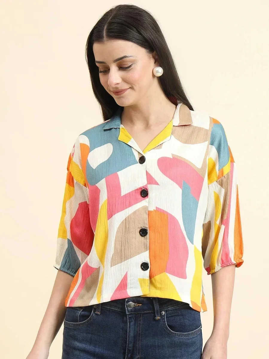Women Boxy Fit Graphic Print Lapel Collar Casual Shirt