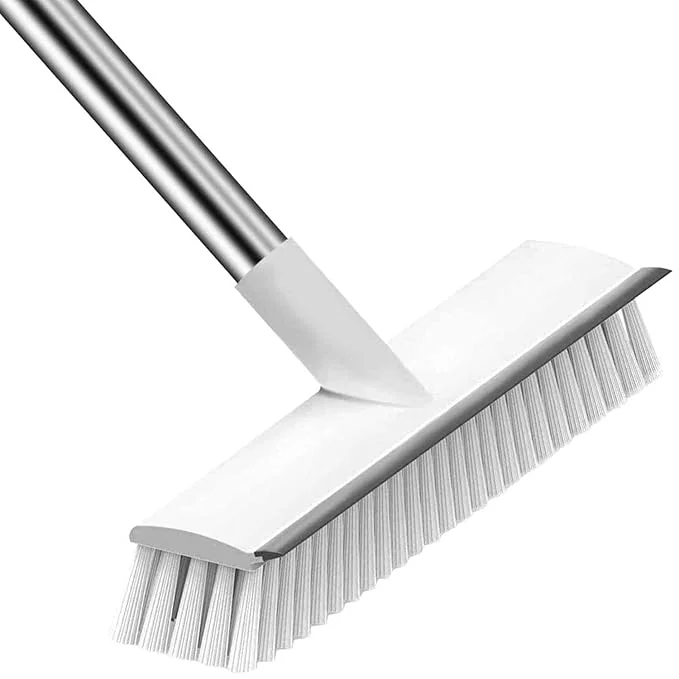 COOFANDY Stainless Steel Bathroom Cleaning Brush with Wiper 2 in 1 Tiles Cleaning Brush Floor Scrub Brush with Long Handle White Brush Cleaning for Wall, Kitchen, Bathroom (White Wiper)