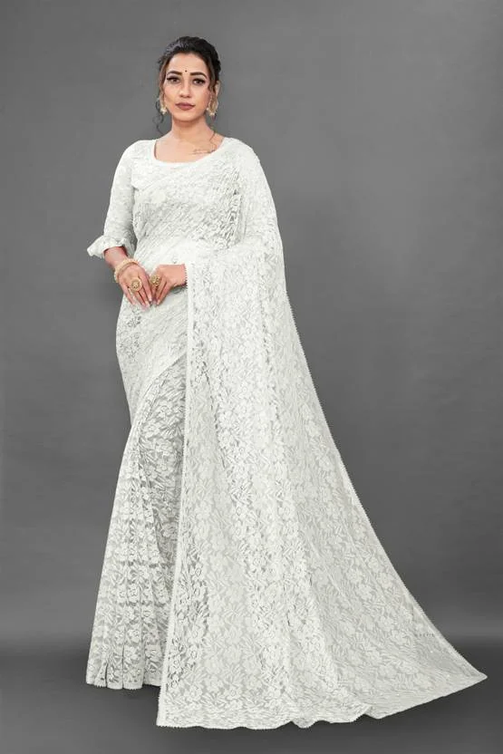 TVISHAFASHION Woven Bollywood Net Saree  (White)