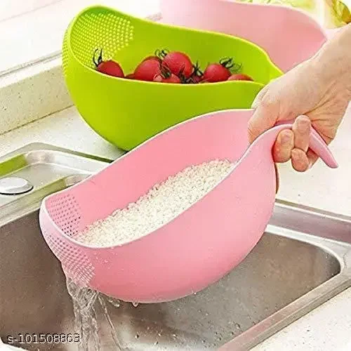 VENIK Rice Fruits Vegetable Noodles Pasta Washing Bowl and Strainer for Storing and Straining (Pink Color) / Washing Bowl