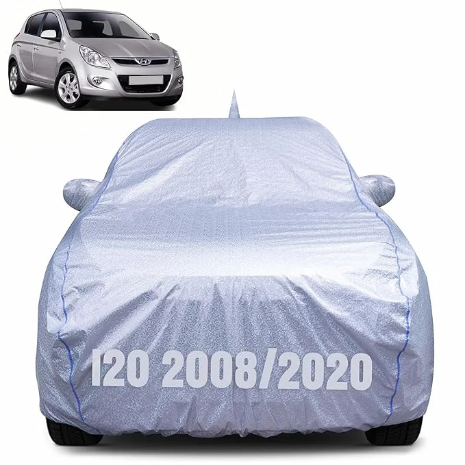 CABIUS 100% Waterproof Car Body Cover for Hyundai i20 (2008-2020) with Mirror Pocket, Heat & UV Resistant, Triple Stitched, Soft Lining, Bottom Elastic & Piping (Silver Reflective)