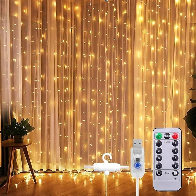 One94Store Plastic Fairy Curtain String Lights for Wall Decoration, Warm White USB Powered 300 LED's, 8 Flashing Modes, Window Backdrop Lights for Bedroom, Party, Diwali, Christmas - 3x3 Meter
