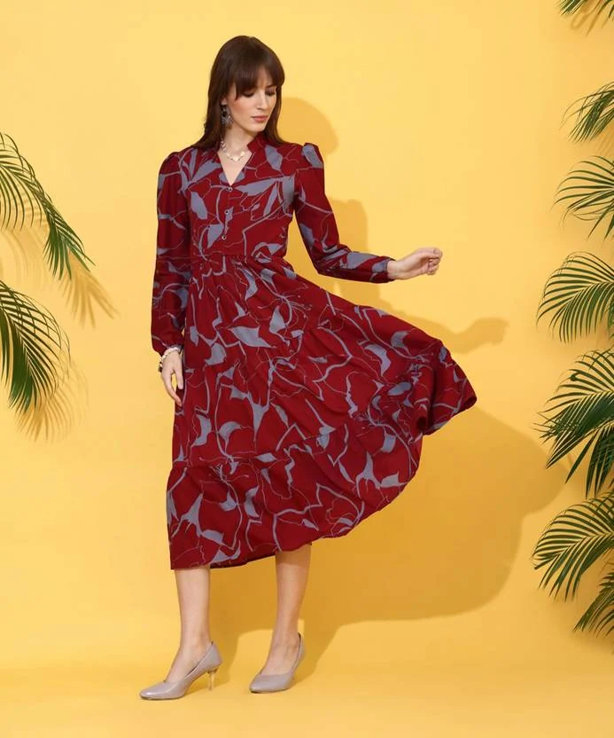 Sheetal Associates Women Fit and Flare Maroon Below Knee Dress