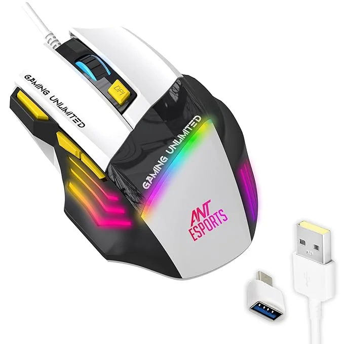 Ant Esports GM100 Optical Gaming Mouse, 7 Button Wired USB Mouse, 4000 FPS Sensor, 3600 DPI, RGB Lighting, 1.5m PVC Cable, Ergonomic Design, for Windows PC, Laptop, Gaming & Office Use – Black & White