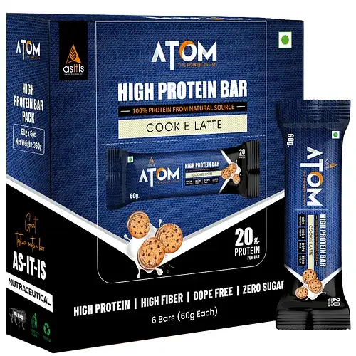 AS-IT-IS Nutrition ATOM High Protein Bar | 20g Protein | Zero Transfat | Zero Added Sugar | Whey Protein Concentrate, Isolate & Hydrolysate as Protein Source | Pack of 6 (60g x 6) | Lathe cookie