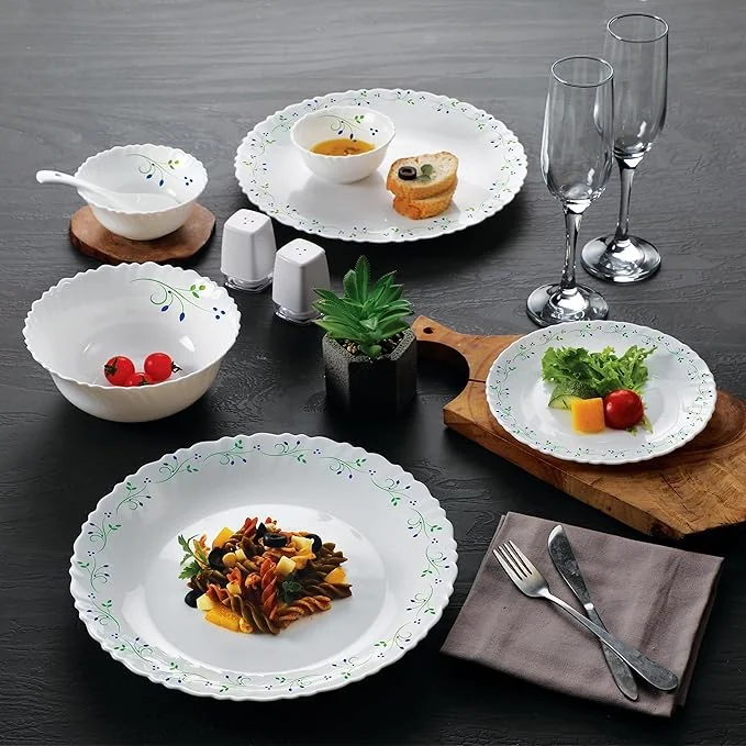 Cello Opalware Dazzle Tropical Lagoon Dinner Set, 13Pcs, White | Lightweight, Chip Resistant, Bone Ash Free Crockery | Microwave & Dishwasher Safe |Ideal for Daily Use, Servings & Gifting
