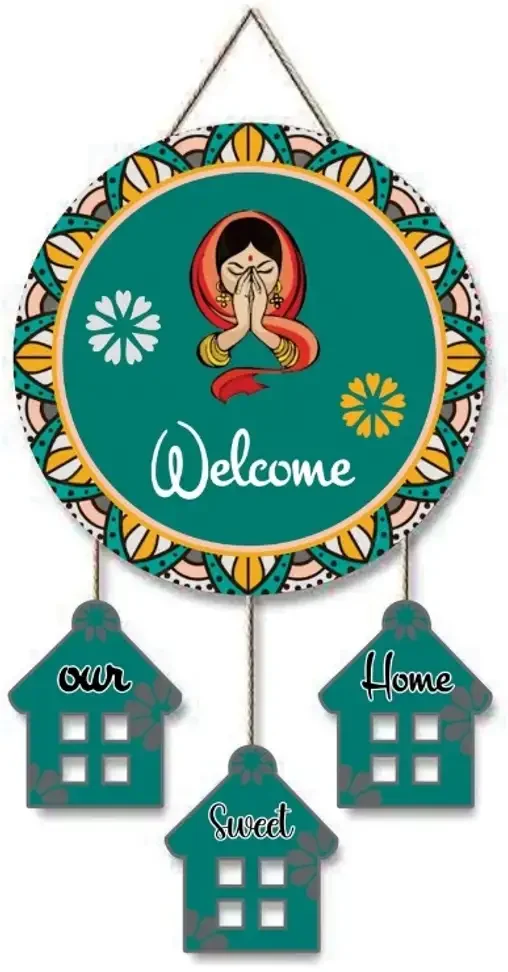 Welcome Decorative Wooden Wall Hanger for Home Decor Office (Wh001R) (53 inch X 30 inch, Multicolor)