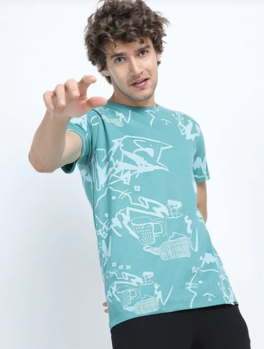 HIGHLANDER Men Teal Printed Slim Fit T-shirt
