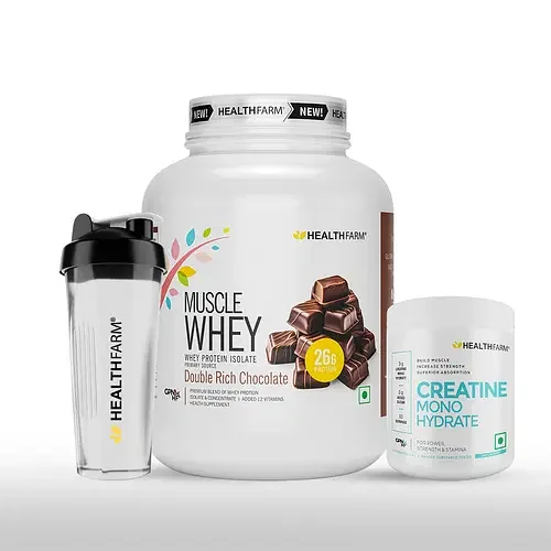 HEALTHFARM Best Selling Combo (Muscle whey Protein 2kg Double Rich Chocolate + Creatine 250gms+ Plastic Shaker )