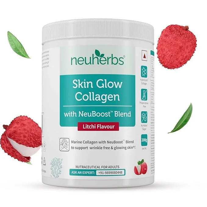 Neuherbs Collagen Supplement | Marine Skin Glow Collagen Peptides for Men & Women | With Hyaluronic Acid, Biotin, Vitamin C & E for Glowing & Youthful Skin | Litchi Flavour, 200g