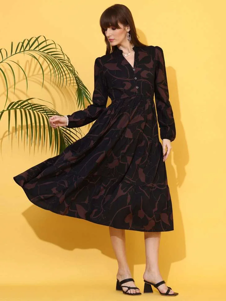 Women Fit and Flare Brown, Black DressWomen Fit and Flare Brown, Black Dress