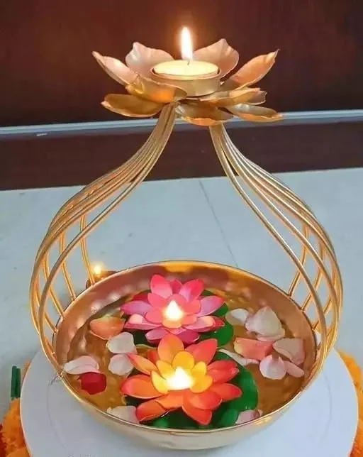 SPARKLINE CO. Handcrafted Diya Shape Flower Decorative Urli Bowl for Home Perfect for Floating Flowers and Tea Light Candles Ideal Home and Table Decor Diwali Decoration Items Potpourri Bowl