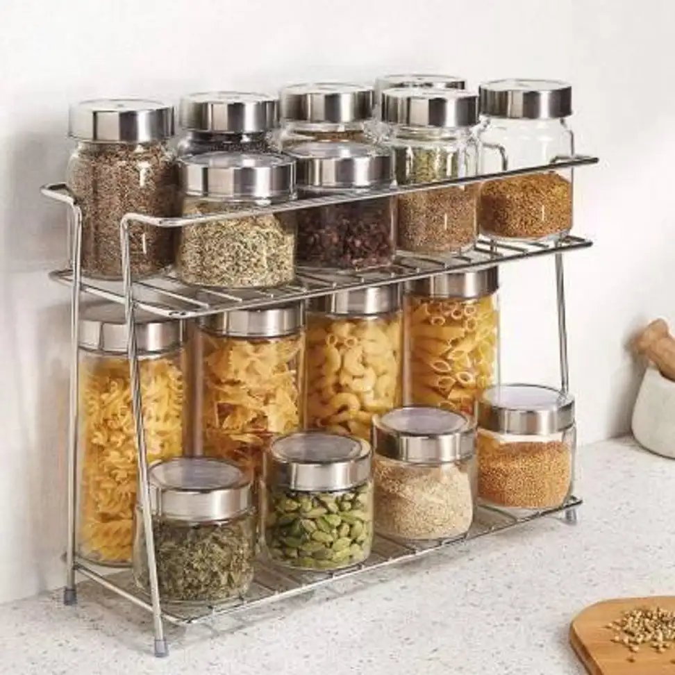 Stainless Steel Spice 2-Tier Trolley Container Organizer Organiser/Basket for Boxes Utensils Dishes Plates for Home (Multipurpose Kitchen Storage Shelf Shelves Holder Stand Rack) Containers Kitchen Rack (Steel)
