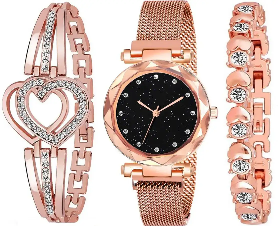 NEW DIMOND DIAL MAGNET STRAP WITH ROSEGOLD TWO BRACLERT COMBO SET FOR WOMEN Analog Watch  - For Women