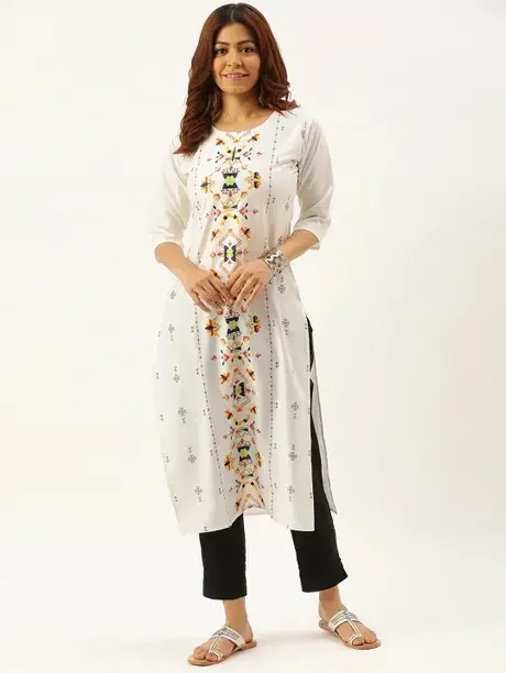 EthnicBasket  Women Printed Crepe Straight Kurta  (White, Grey)