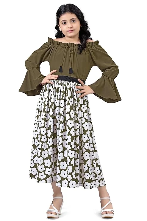 Fashion Dream Girl's Fit And Flare Calf Length Crepe Floral Printed Dress