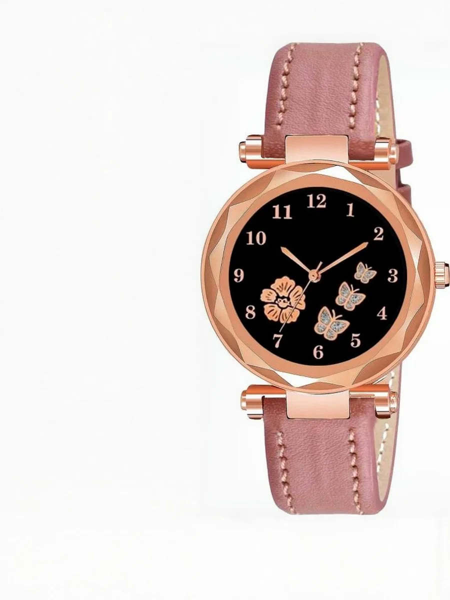 LAKSH Women Peach Printed Dial & Leather Strap Analogue Watch