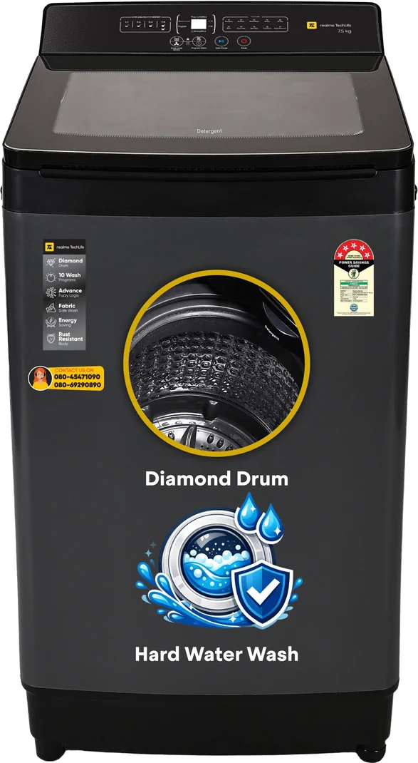 realme TechLife 7.5 kg 5 Star, Air Dry, Soft Closing Lid, Fully Automatic Top Load Washing Machine Grey