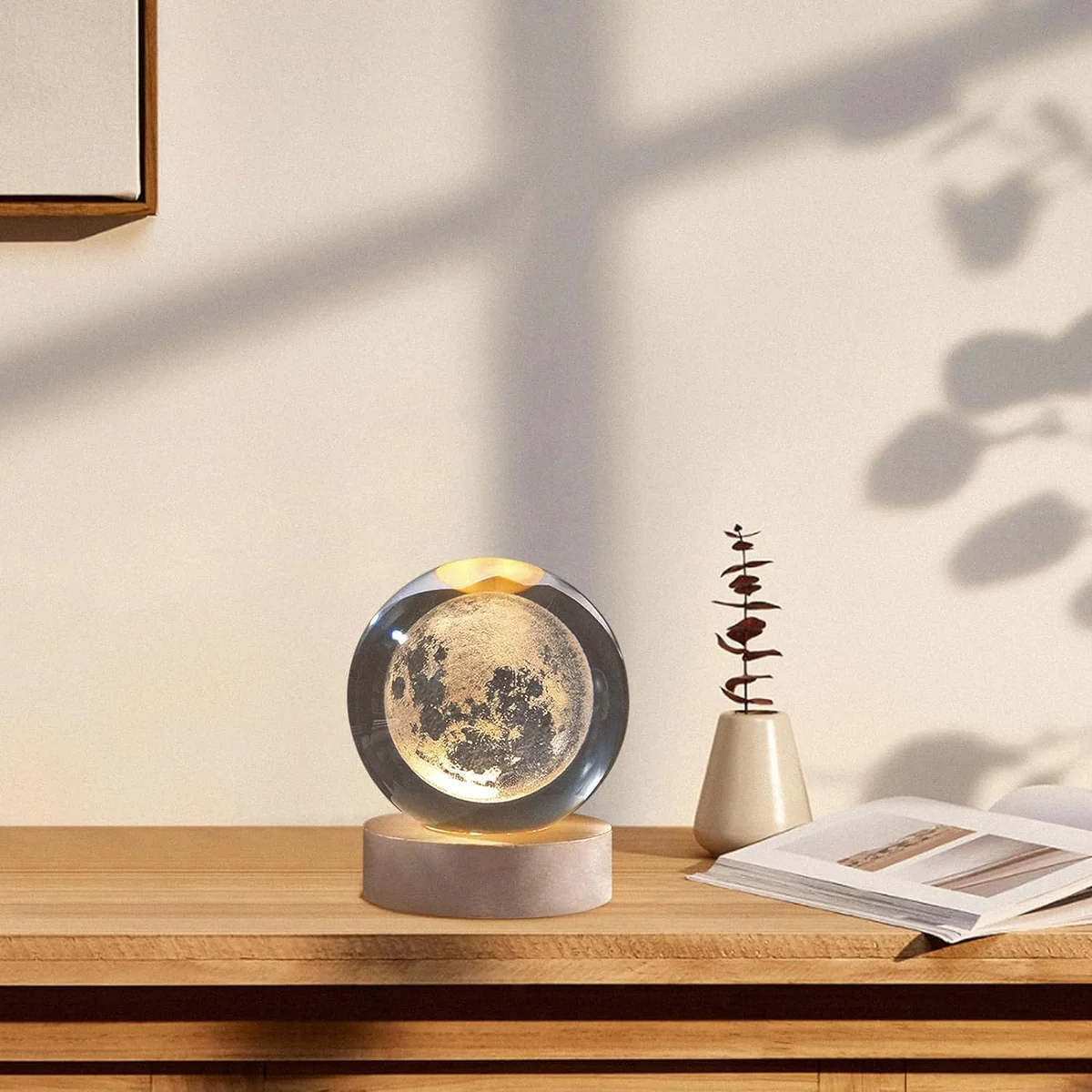 Desidiya Moon Crystal Ball Night Light,2.4 Inch Glass Ball Night LED Lamp with Woodern Base,Decorations Gifts for Men,Women,Kids,Boys,Girls | Gifts for Woman | Valentine Gifts