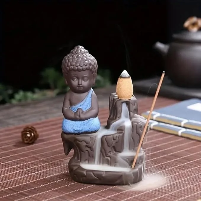 Craftvatika Meditating Monk Buddha Smoke Backflow Cone Incense Holder Showpiece For Office Desk,Living Room,Home Decor Decoration Gift Items,Buddha Smoke Fountain For Home Decor - Multicolor