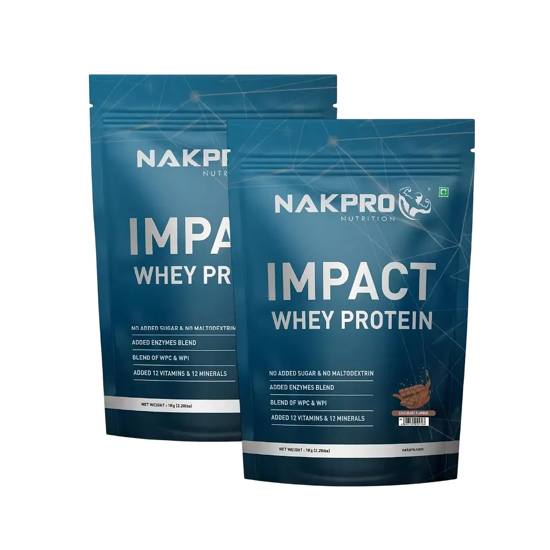 NAKPRO Impact Whey Protein 1kg | Isolate & Concentrate | 24g Protein & 4.9g BCAA | NABL Lab Tested 100% Authentic Supplement Powder - Chocolate Flavour Pack of 2