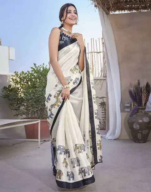 YASHIKA  Printed Daily Wear Art Silk Saree  (White, Black)