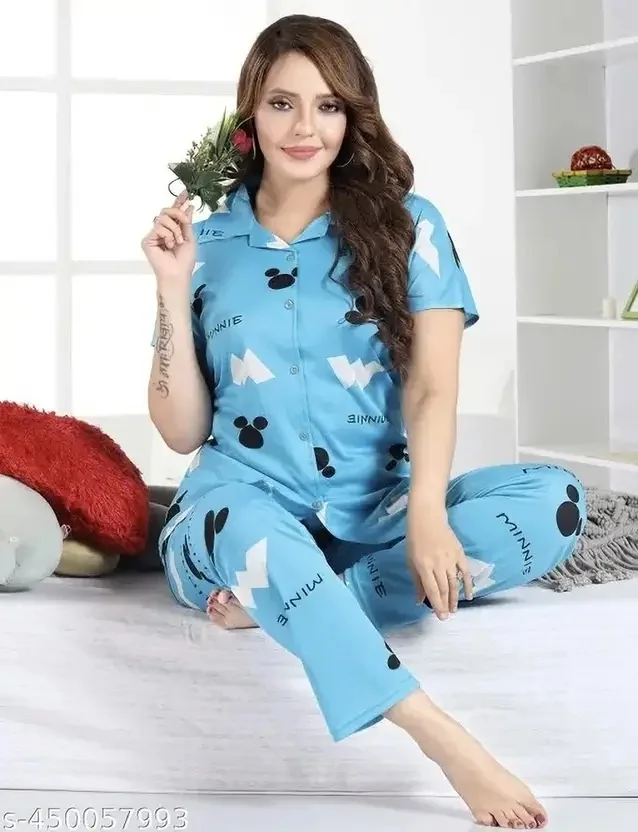 Vania's grace Women Night Suit Set Blue Printed
