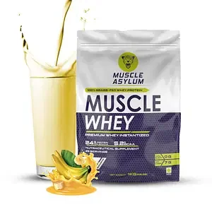 Muscle Asylum Premium 100% Whey Protein, 24g Protein, 5.2g Bcaa, For Muscle Building & Recovery ,25 Servings (Banana)-1kg (2.2 lbs), Bag