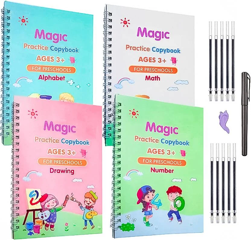 URBANHUDA Magic Book Numbers & English & Drawing ( 4 Book + 10 Refill + 1 Pen + 1 Grip )