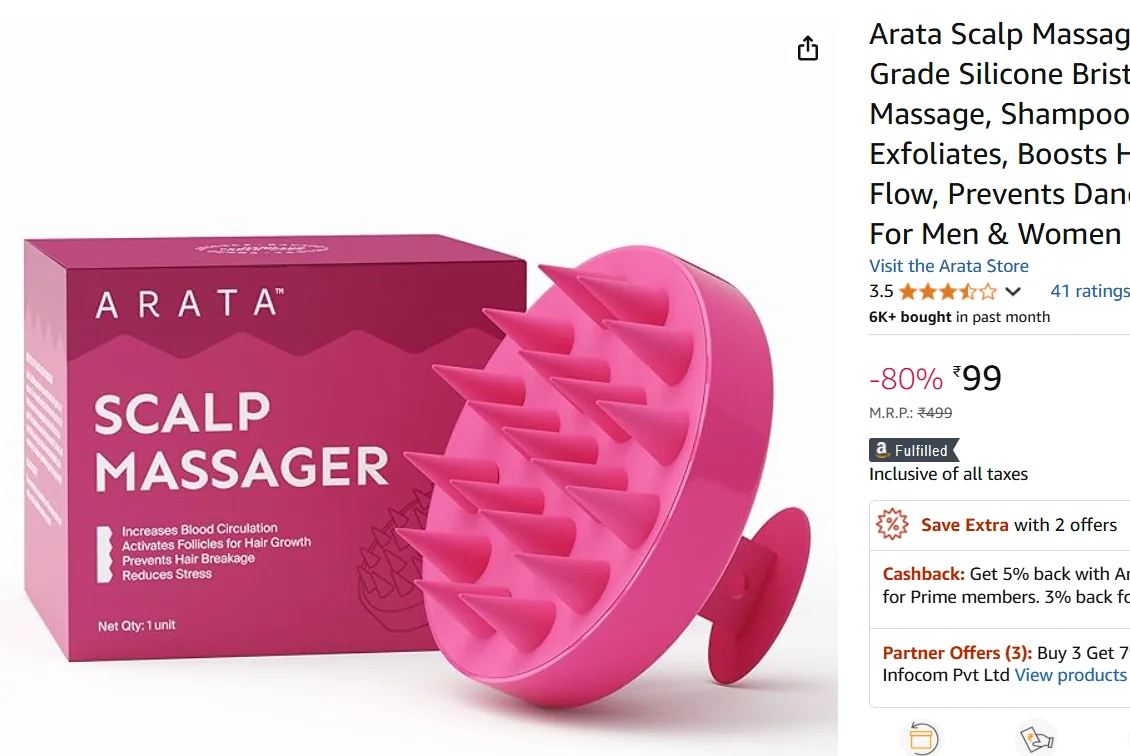 Arata Scalp Massager with Medical-Grade Silicone Bristles | For Dry, Oil Massage, Shampoo & Conditioning | Exfoliates, Boosts Hair Growth, Blood Flow, Prevents Dandruff & Hair Loss | For Men & Women
