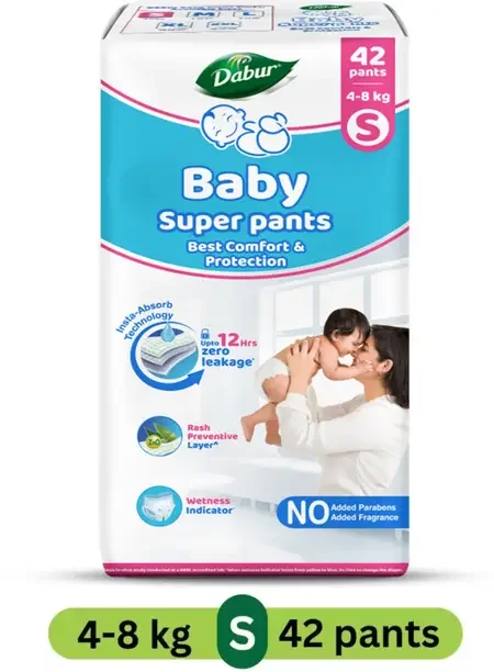 Dabur Baby Super Pants | Diaper Infused with Aloe Vera, Shea Butter & Vitamin E | Insta-Absorb Technology - S  (42 Pieces)
