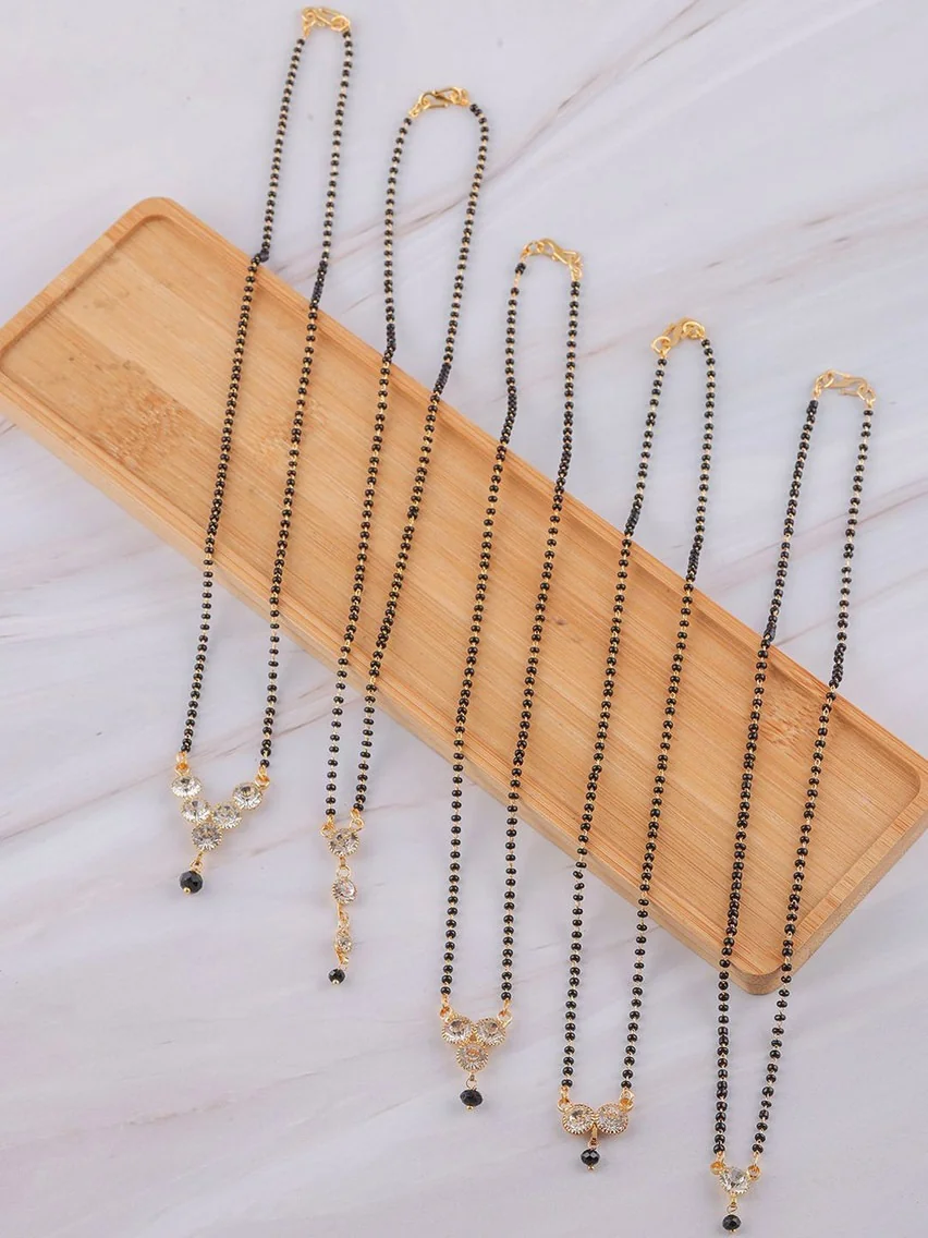 Anouk Set of 5 Gold-Plated American Diamond Stone Studded & Beaded Mangalsutras