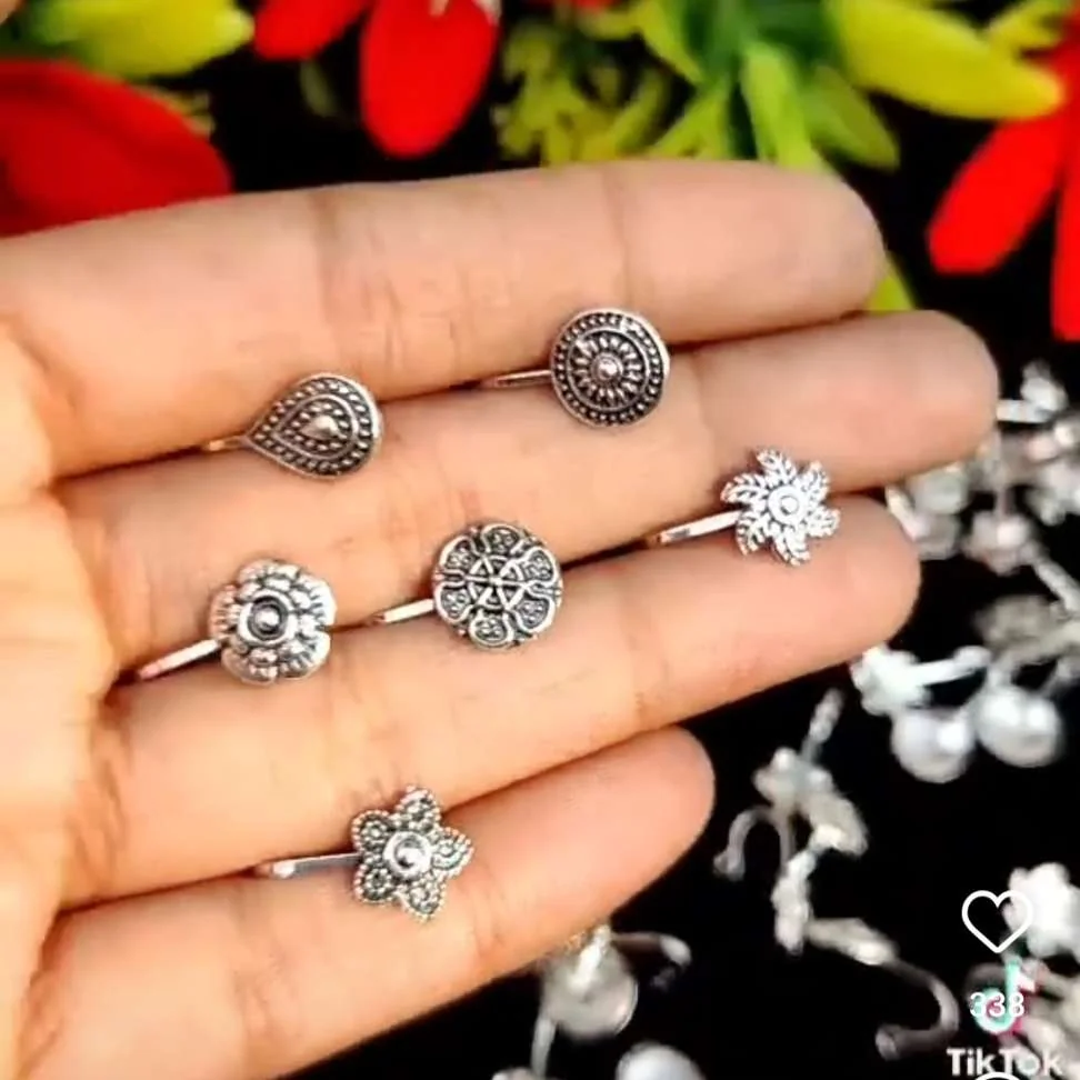 Combo of 6 pcs Traditional Silver Press on Oxidized nose ring pin Stud Combo Alloy Nose Stud