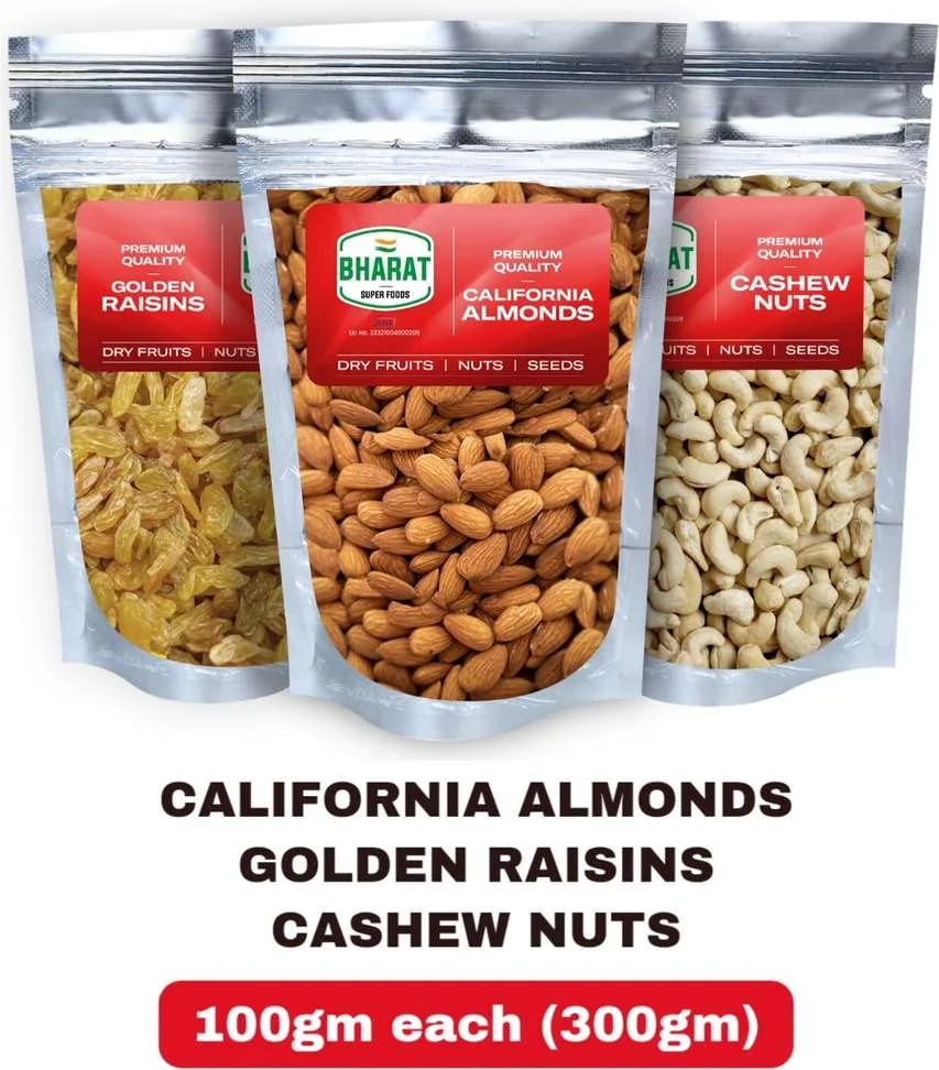 Bharat Super Foods Dry Fruits Combo Pack, Almonds, Cashew Nuts, Golden Raisins 100gm each (300gm) Almonds, Cashews, RaisinsBharat Super Foods Dry Fruits Combo Pack, Almonds, Cashew Nuts, Golden Raisins 100gm each (300gm) Almonds, Cashews, Raisins