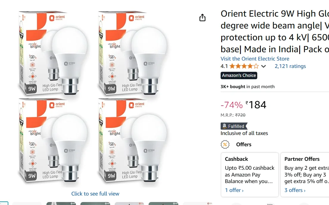Orient Electric 9W High Glow LED bulb| 180-degree wide beam angle| Voltage surge protection up to 4 kV| 6500K, Cool White| B22d base| Made in India| Pack of 4