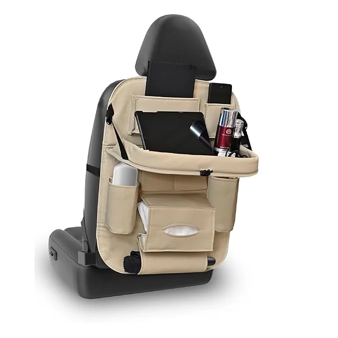 Amazon Brand - Solimo Pu Leather Auto Car Back Seat Organizer With Foldable Dining Table Tray, Multipocket Storage Tablet, Bottle And Tissue Paper Holder_Beige (With Tray) - Automobiles