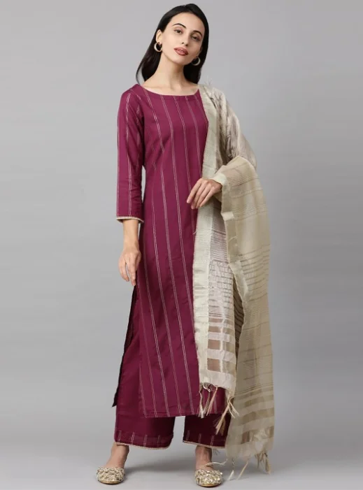 Indo Era Women Magenta & Beige Striped Kurta with Palazzos & Dupatta