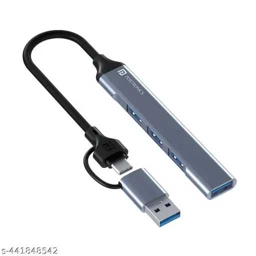 Portronics Mport 31 Pro USB 3.0 Hub (4-in-1) with Type-C & USB Dual Plugs, USB 3.0 SuperSpeed, 3-Port USB 2.0 High-Speed, Up to 5 Gbps Speed, Aluminium Alloy Metal Body, for Laptop, PC, (Grey)