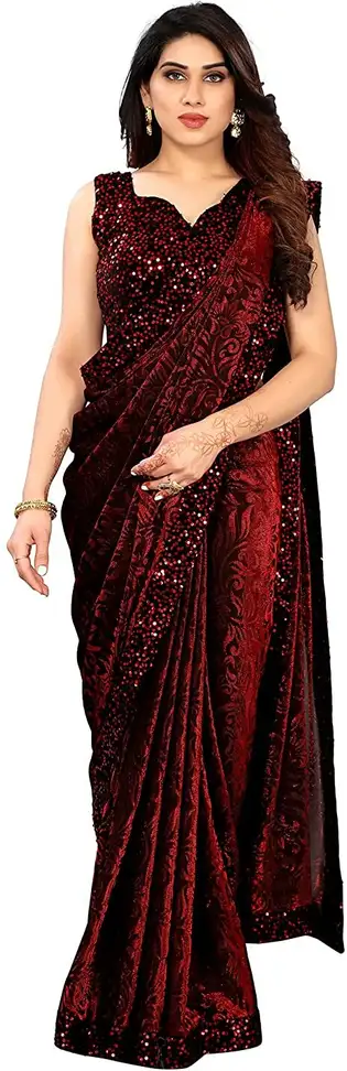 Bollywood Lycra Blend, Velvet Saree (Red)
