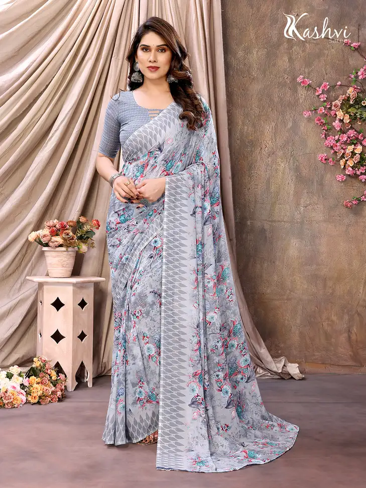 Ombre, Paisley, Floral Print Daily Wear Georgette, Chiffon Saree (Grey)