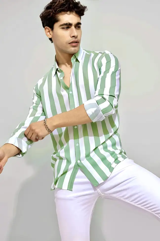 Men Striped Casual Green Shirt