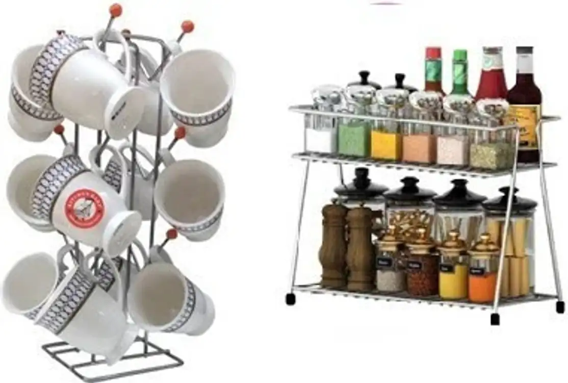 Spice Rack + V Cup Utensil Kitchen Rack (Steel)