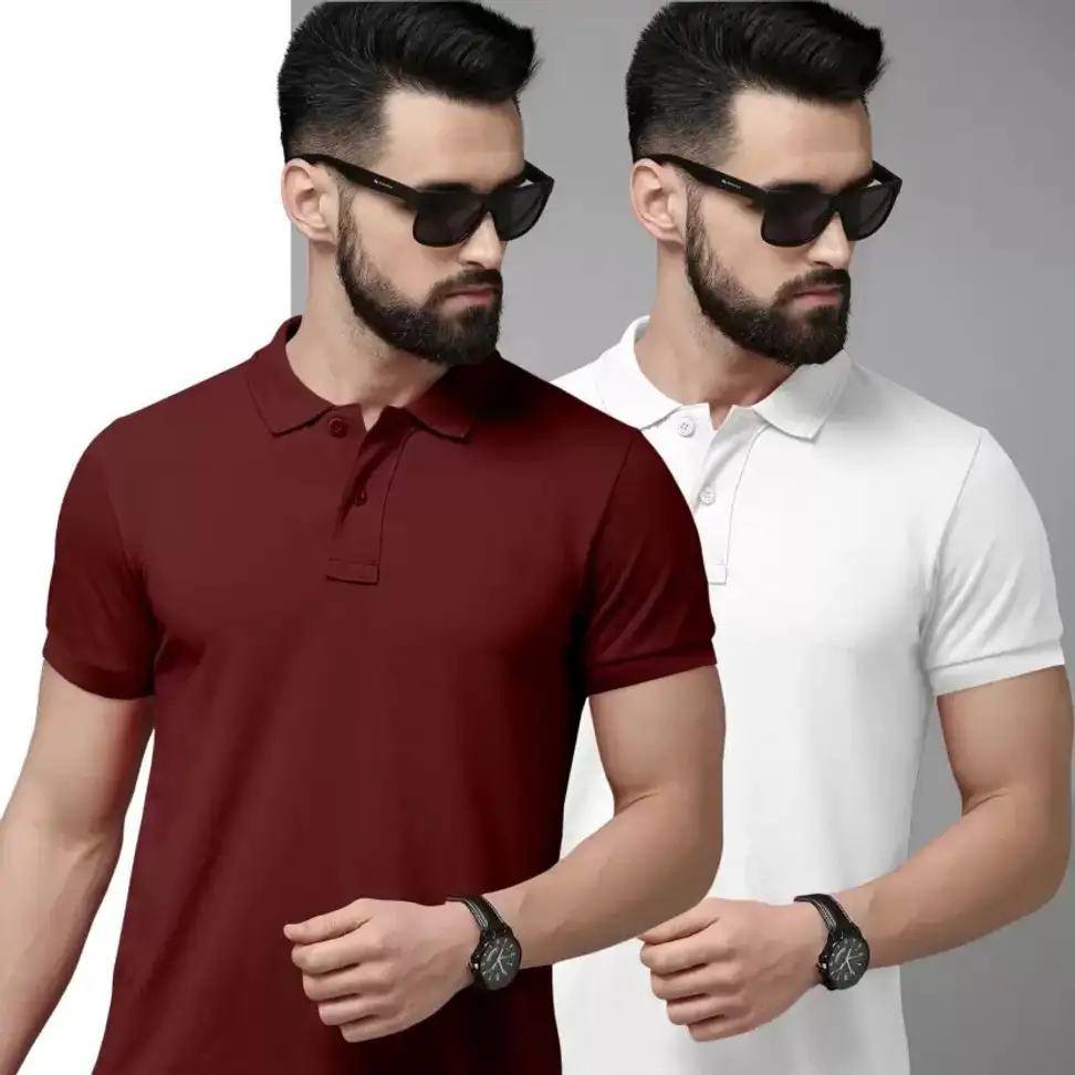 balker merka Solid Men Polo Neck Maroon, White T-Shirt